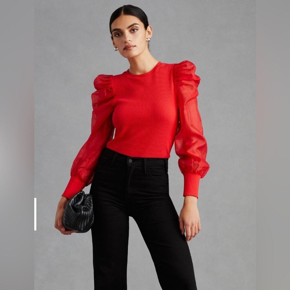 Dolan Anthropologie Shirt Womens Small Red Sheer Puff Sleeves Blouse